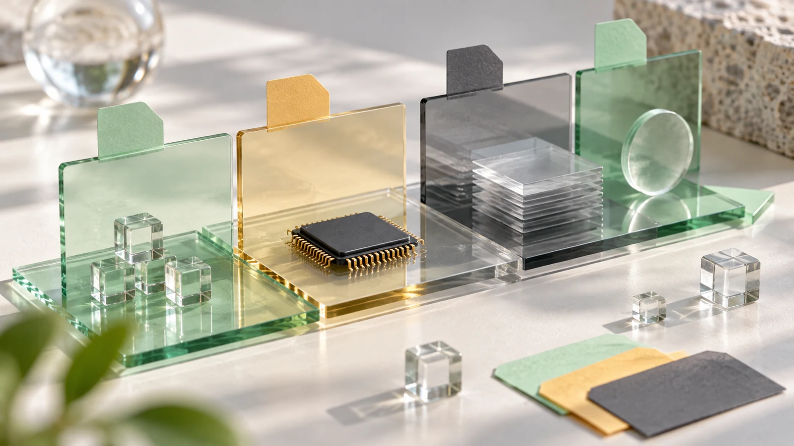 Layered glass panels, a microchip, and clear cubes representing separate data lifecycles