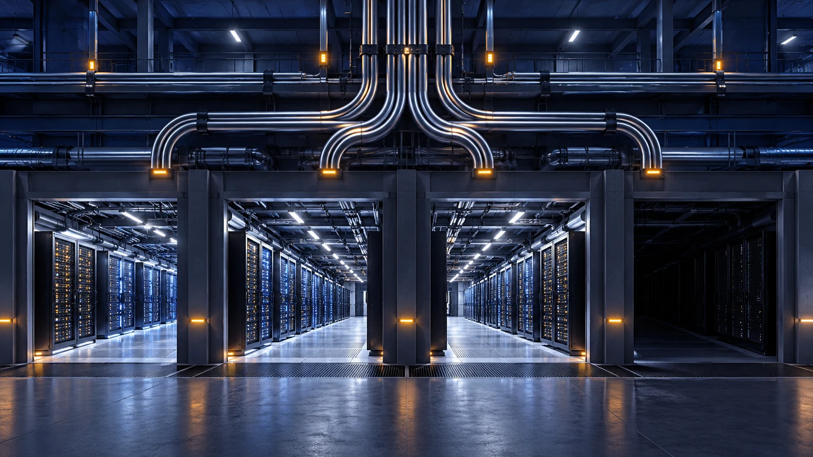 Data center power conduits lead to multiple server halls, one still dark and unassigned