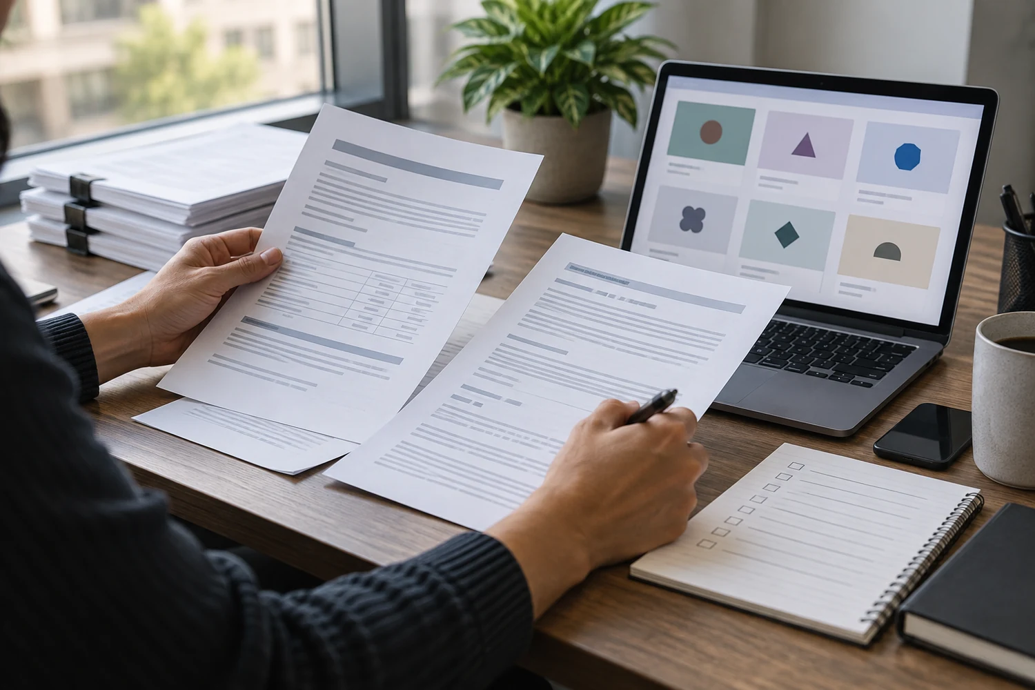 Procurement analyst reviews software proposals and an unbranded vendor catalog