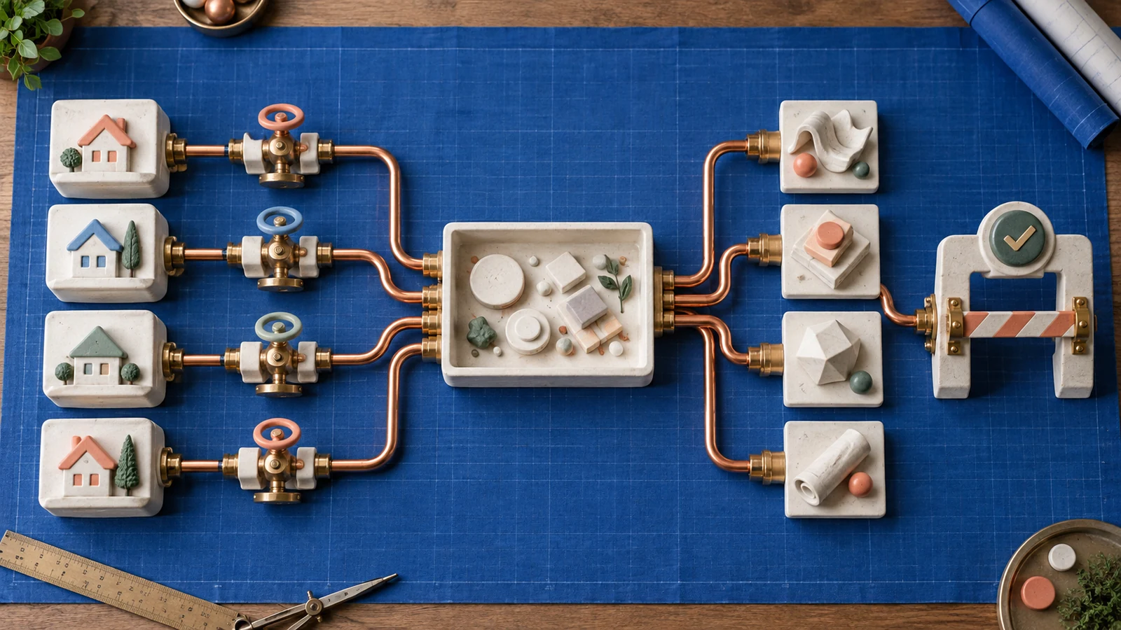 Separate household data sources pass through consent valves into shared drafts and a final approval gate.