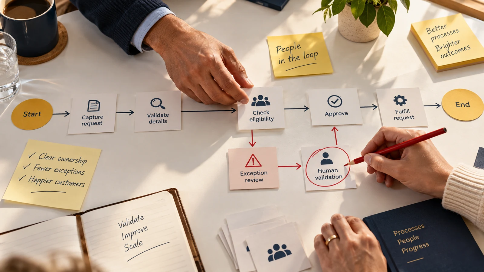 Analysts reviewing process steps, exception handling and human approval on a tabletop map