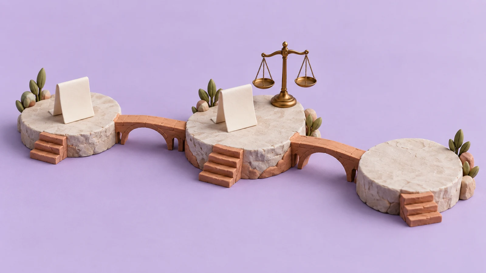 Three miniature platforms linked by bridges, with blank papers and a balance scale illustrating legislative stages.