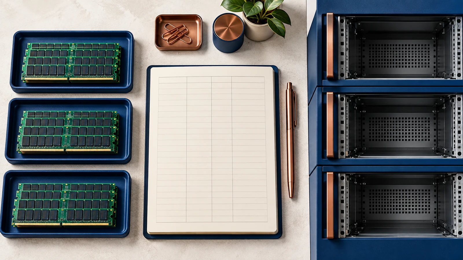 Memory modules in trays alongside an empty procurement ledger and server bays