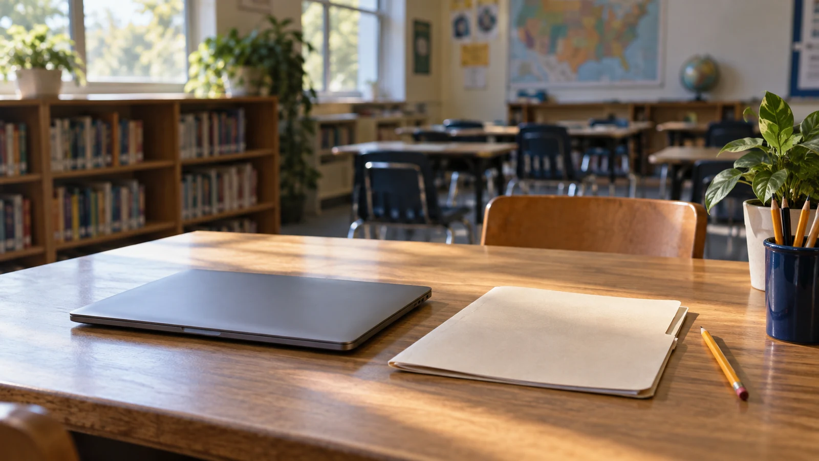 Sunlit school library table with a closed laptop, paper folder, and pencil
