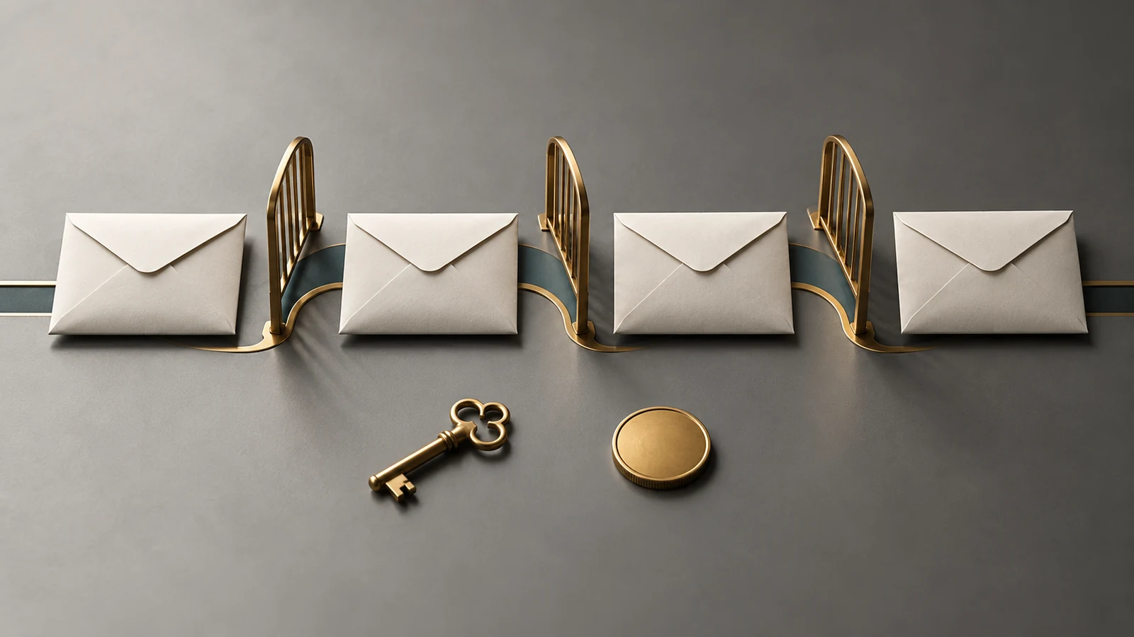 Four sealed envelopes separated by gates with a key and coin below