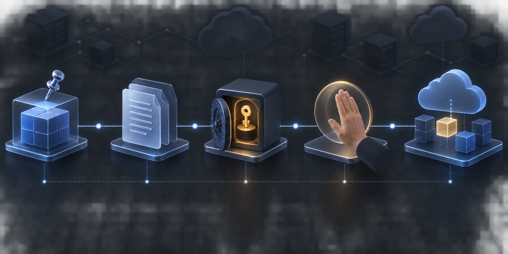 Conceptual chain showing a pinned plugin, documentation source, isolated credentials, human approval and a cloud resource change.