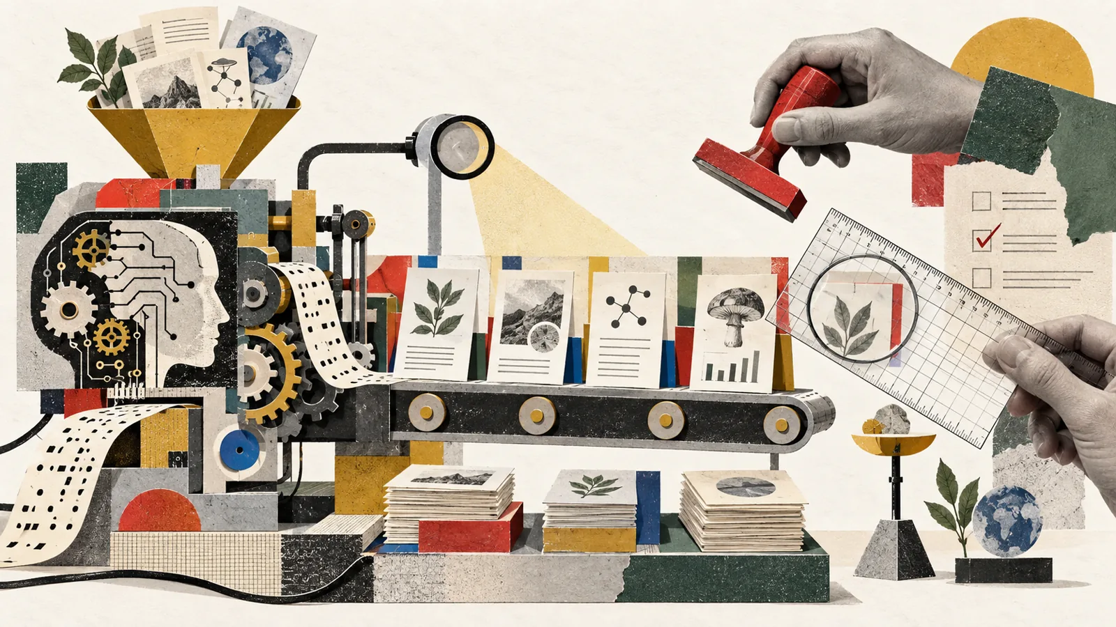 A human auditor inspects an automated research process represented as a paper collage.
