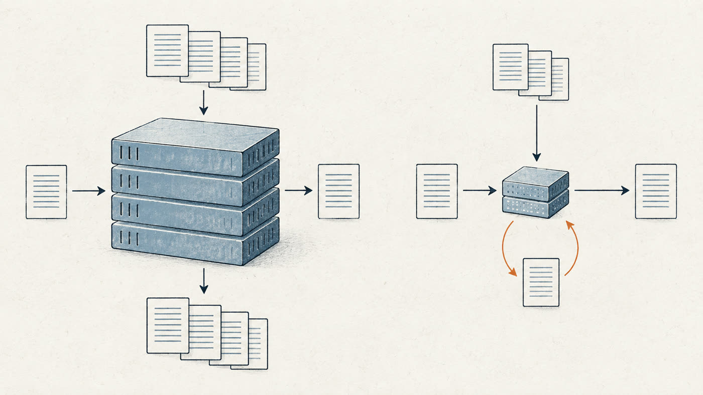 Conceptual blueprint diagram contrasting a large persistent cache with a compact cache and bounded replay loop.