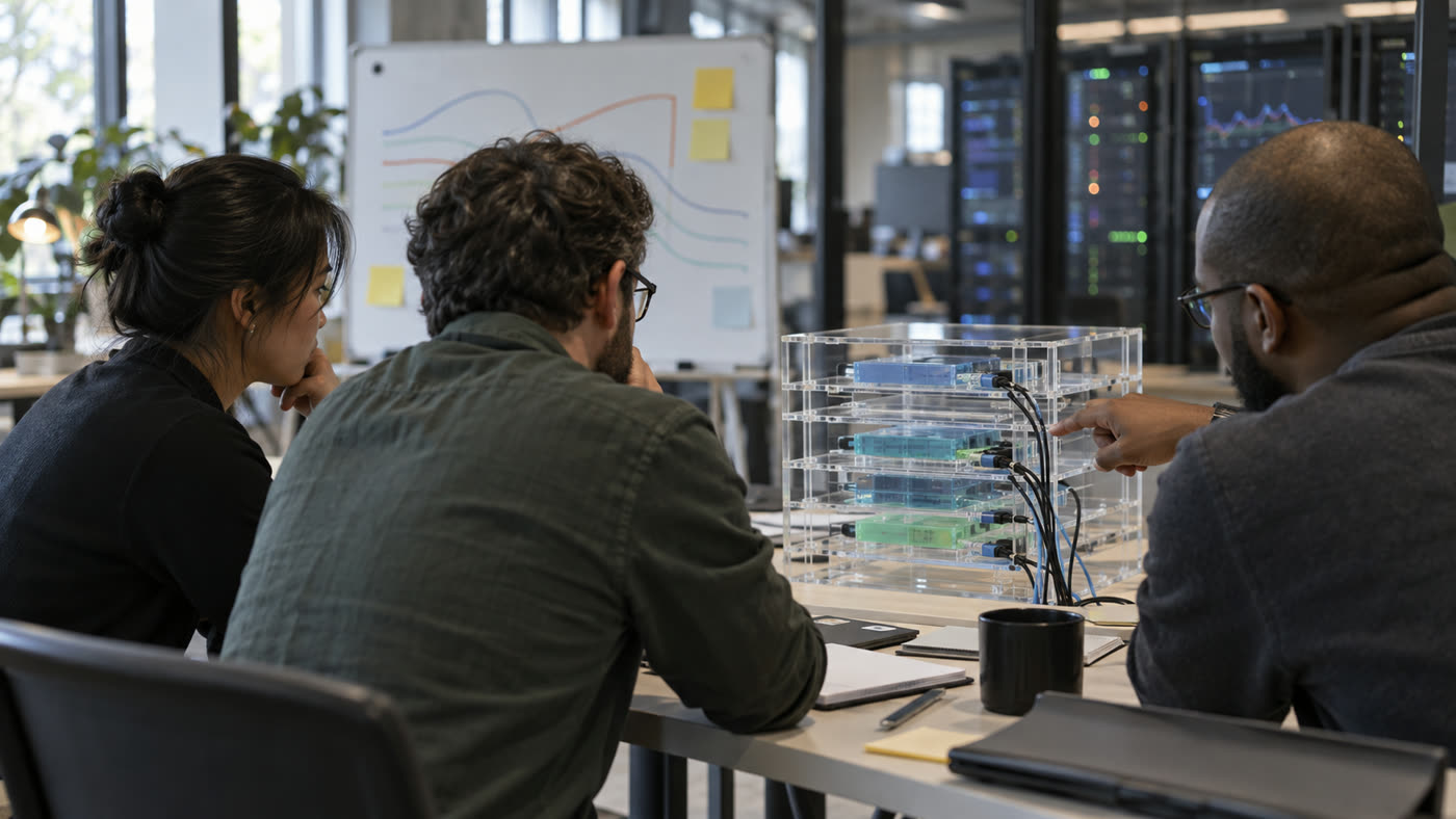 Editorial photo of engineers discussing a memory-model deployment at an unbranded operations workspace.