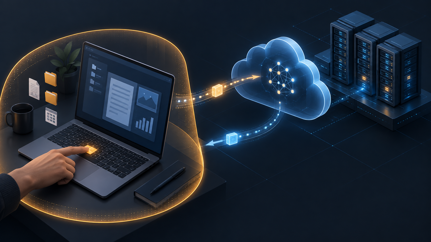Conceptual illustration of a Windows laptop sending an AI request through a cloud connection to remote servers.