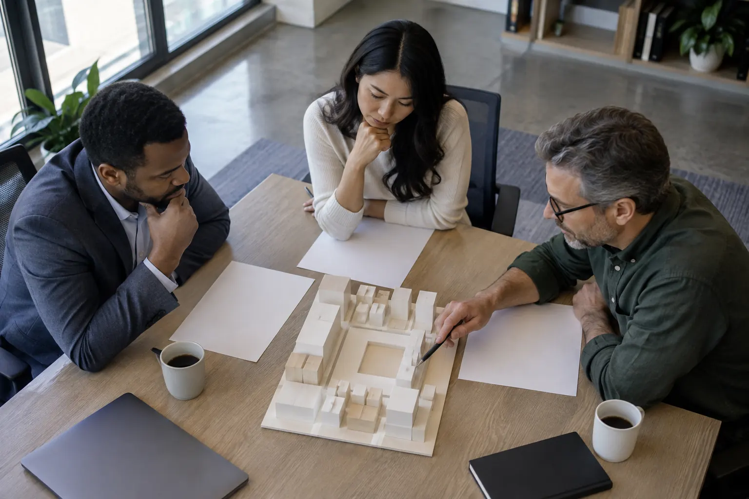 Three enterprise buyers review blank specification sheets around an unbranded platform model.