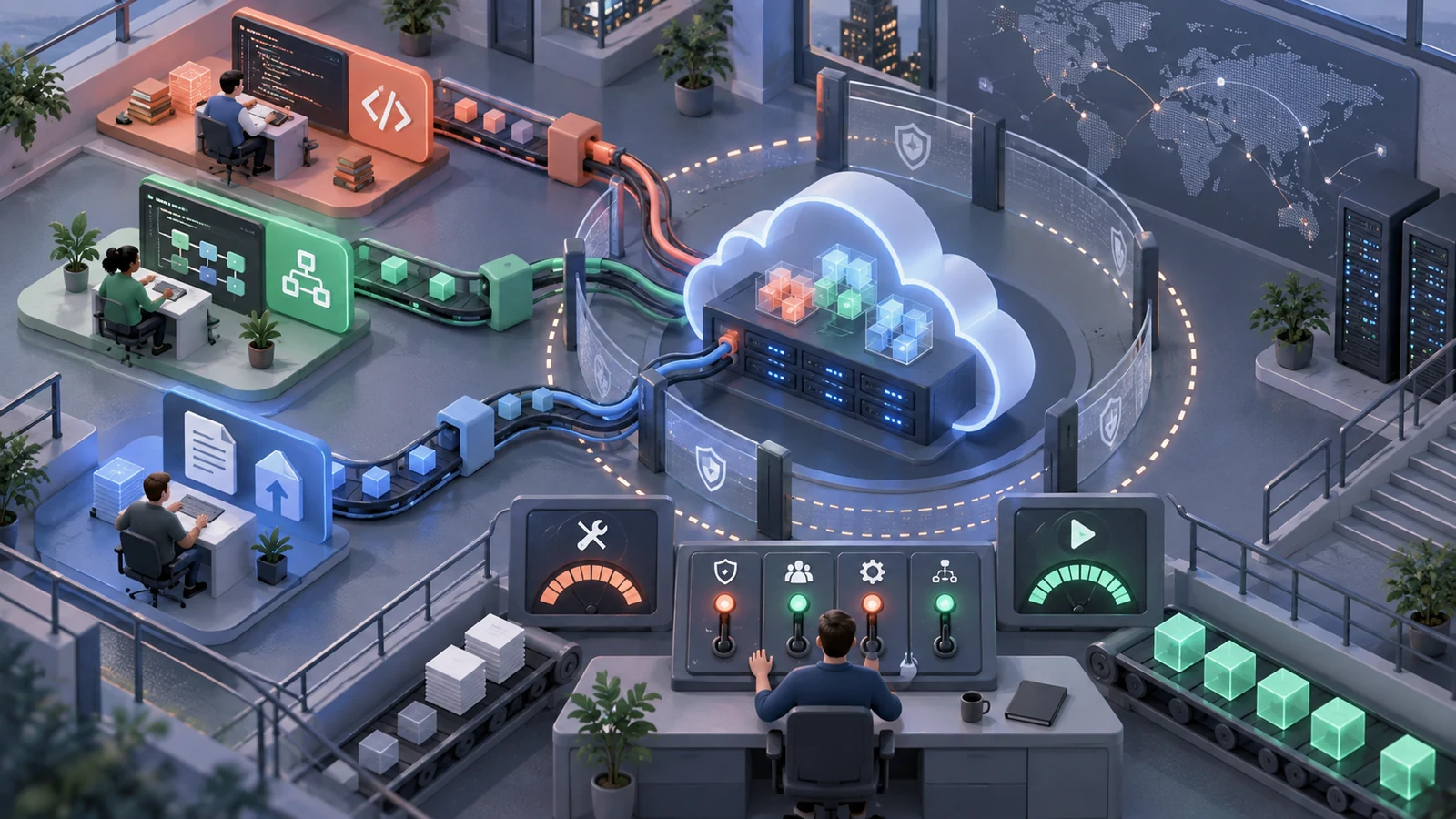 Conceptual control room showing three application creation paths and separate build and run meters