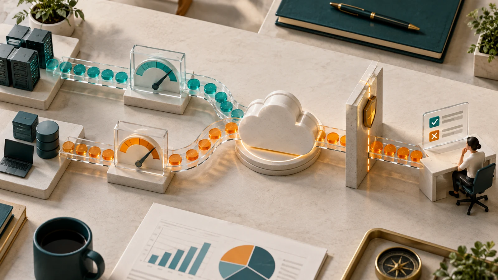 Conceptual planning table with separate AI usage streams, meters and a budget checkpoint