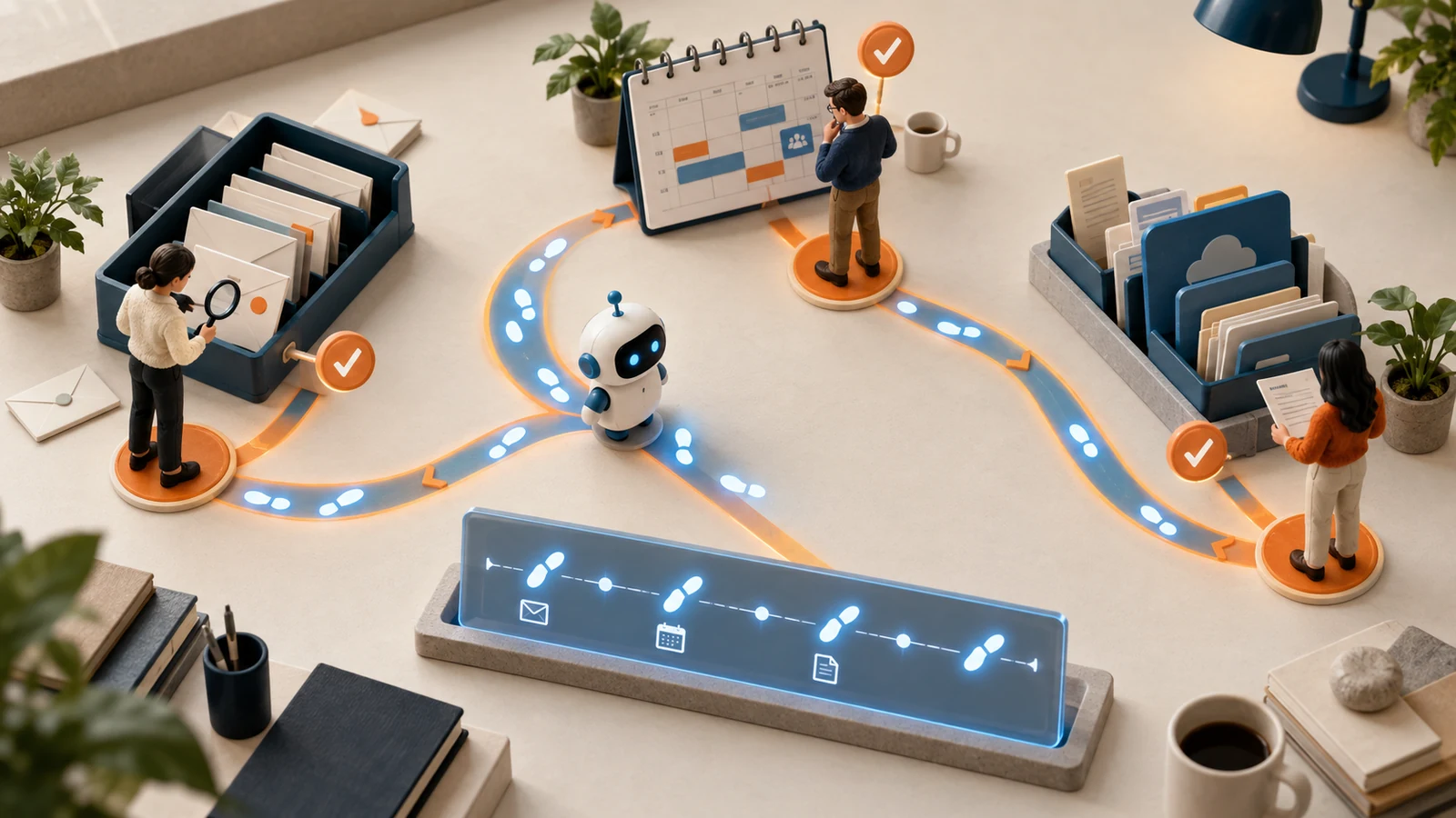 Conceptual plan view of a persistent AI agent workflow with human review points