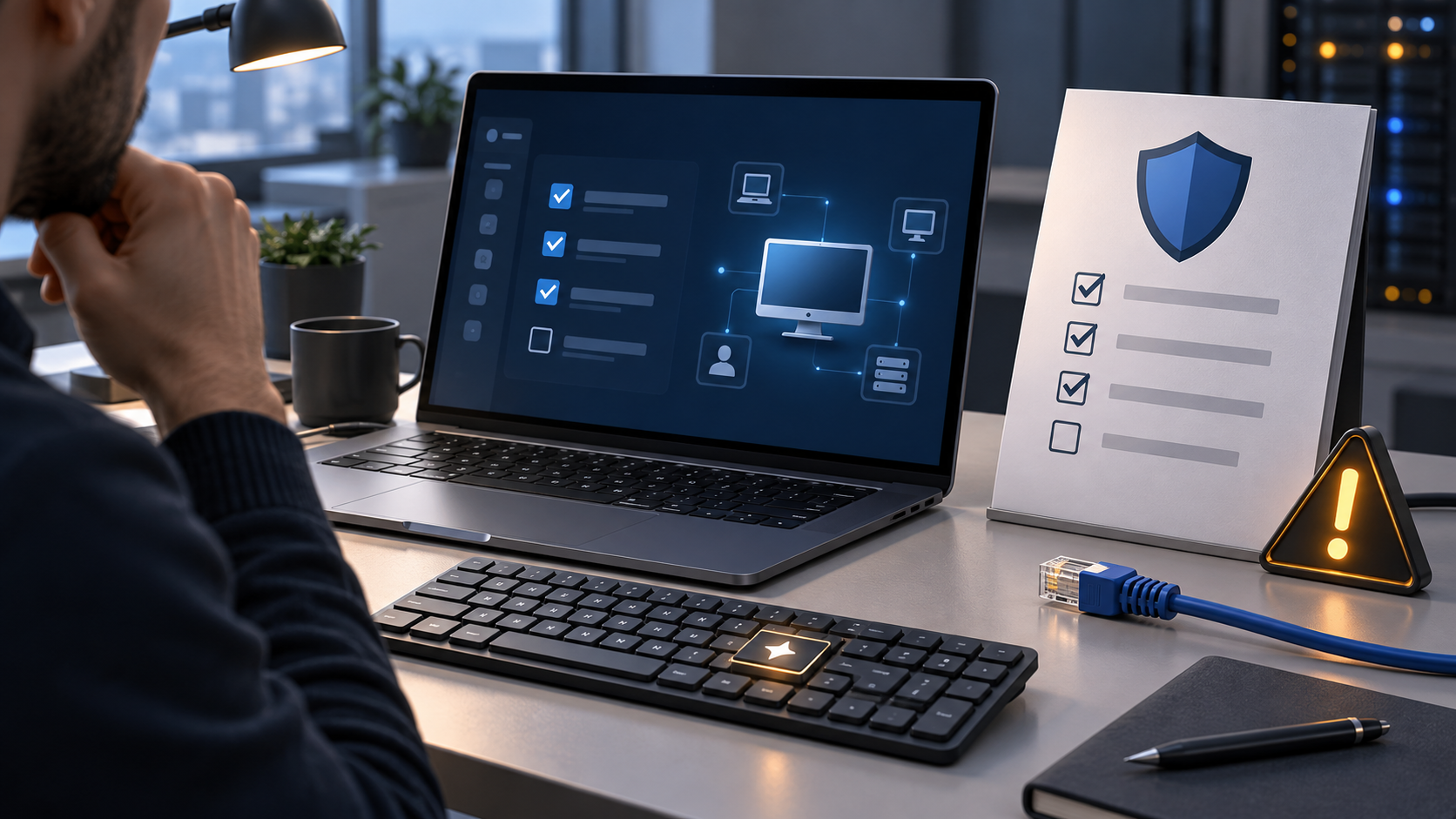 Conceptual illustration of an IT administrator reviewing a laptop, shortcut key, policy document and network connector.