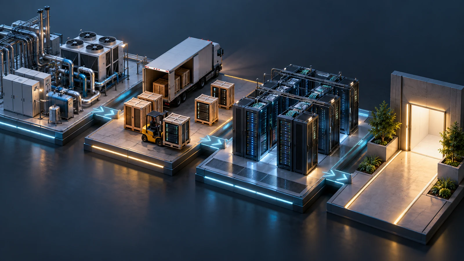 Isometric conceptual illustration of data center power and cooling, GPU equipment delivery, installed racks, and a customer acceptance checkpoint.
