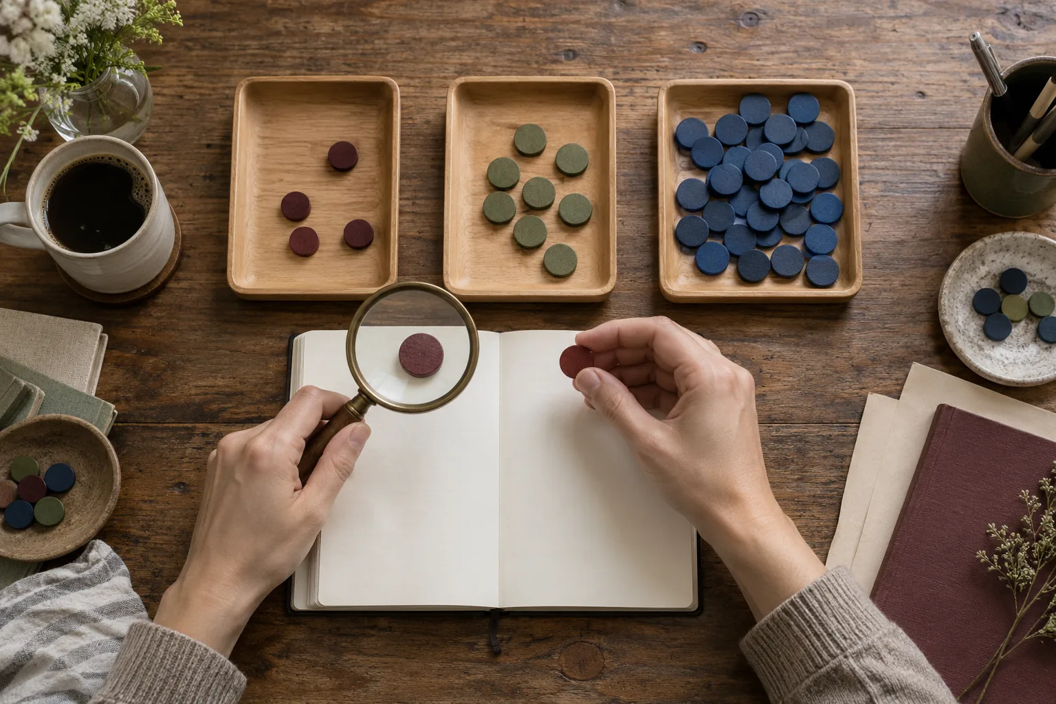 Hands examine colored counters in three separate trays on a wooden desk beside a blank notebook and magnifying glass.