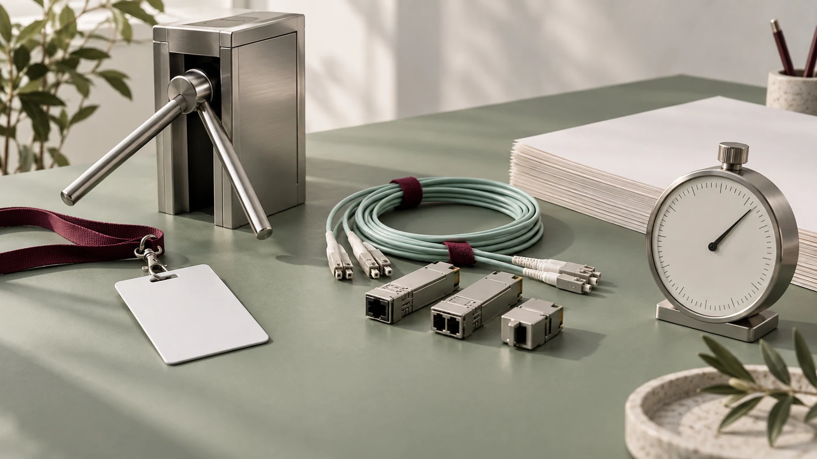 An entry pass, fiber cables, and a blank mechanical dial represent admission, topology, and measurement