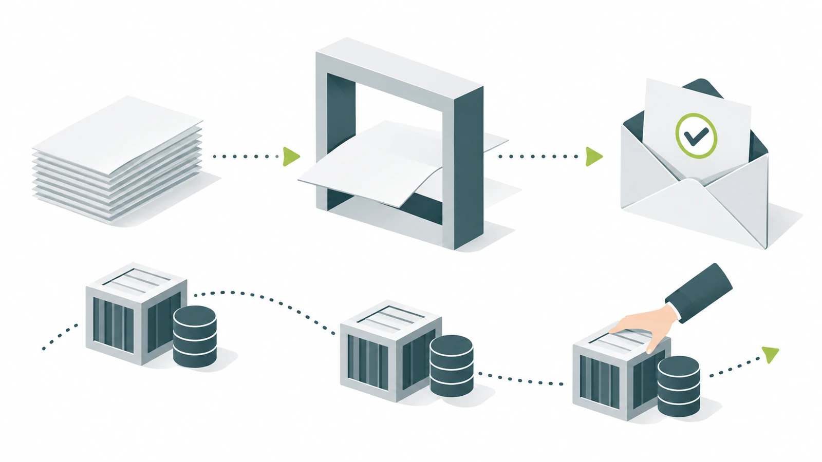 Repository sheets pass through a translation frame while storage crates travel along a separate path