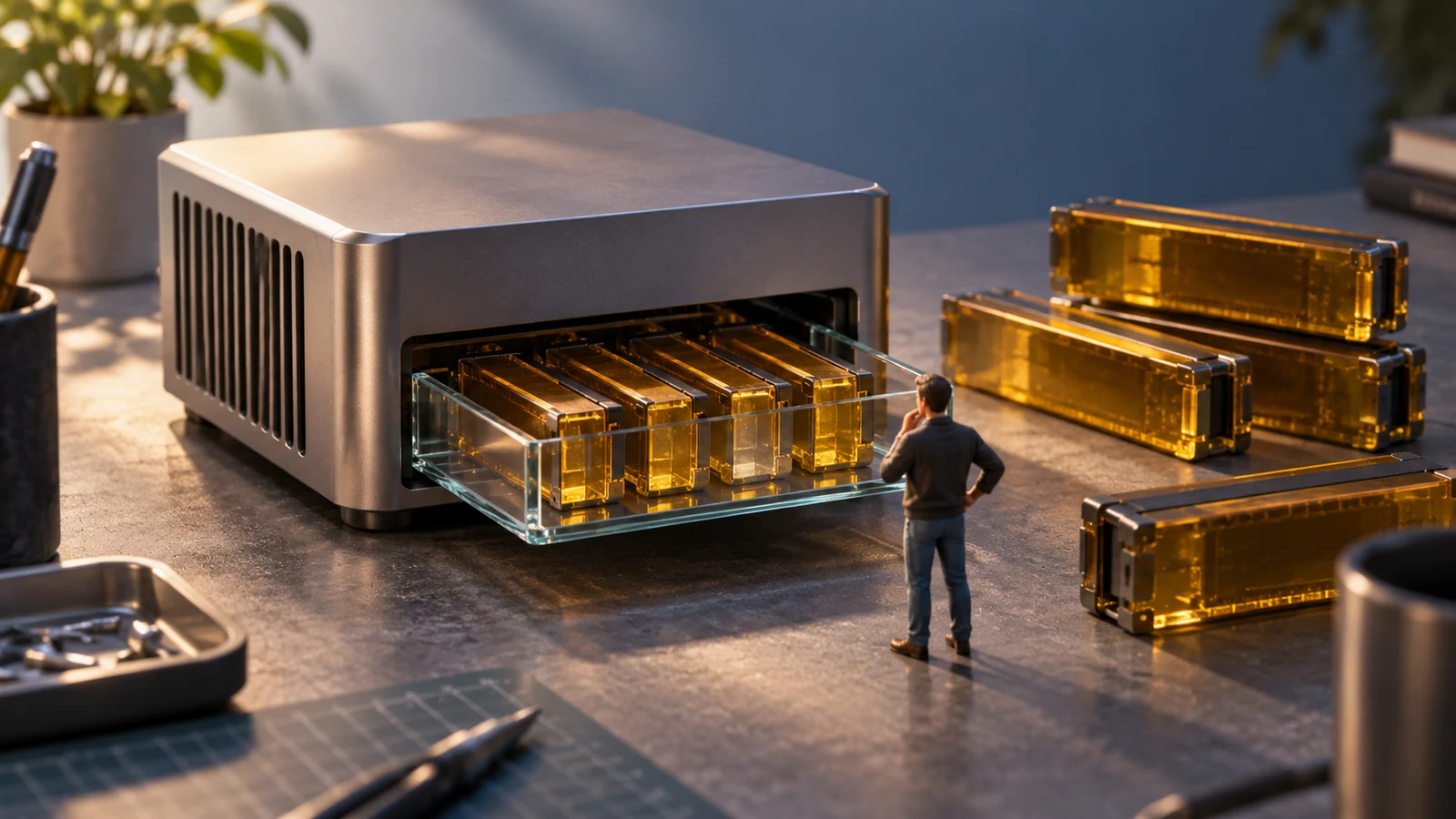 Conceptual illustration of a local AI workstation and finite shared-memory capacity