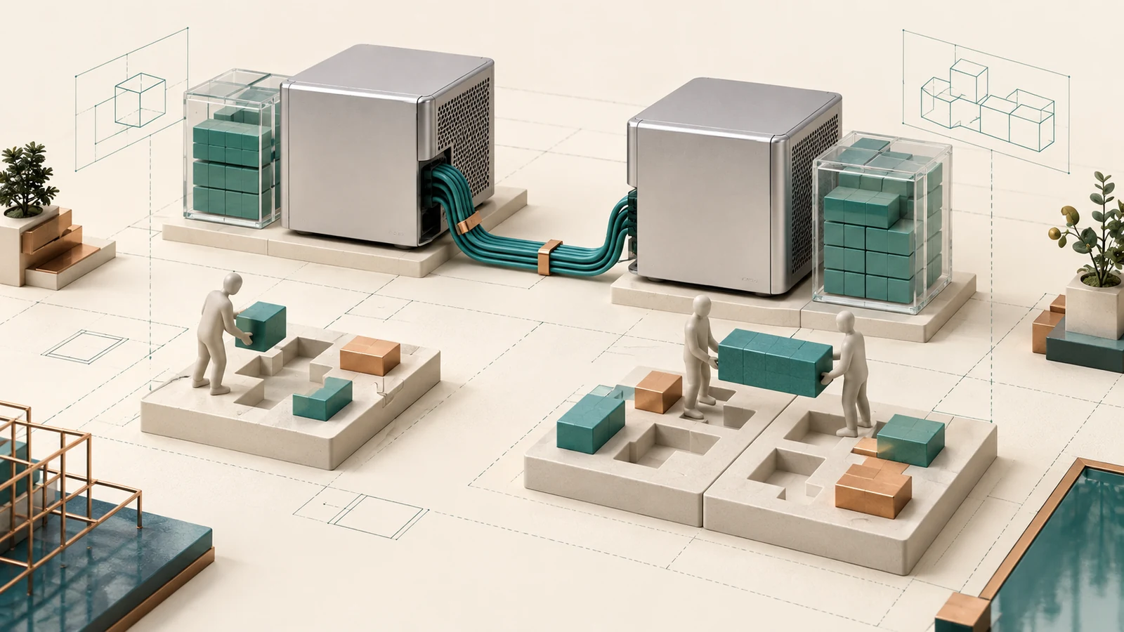 Conceptual two-workstation network with separate memory containers and workload blocks