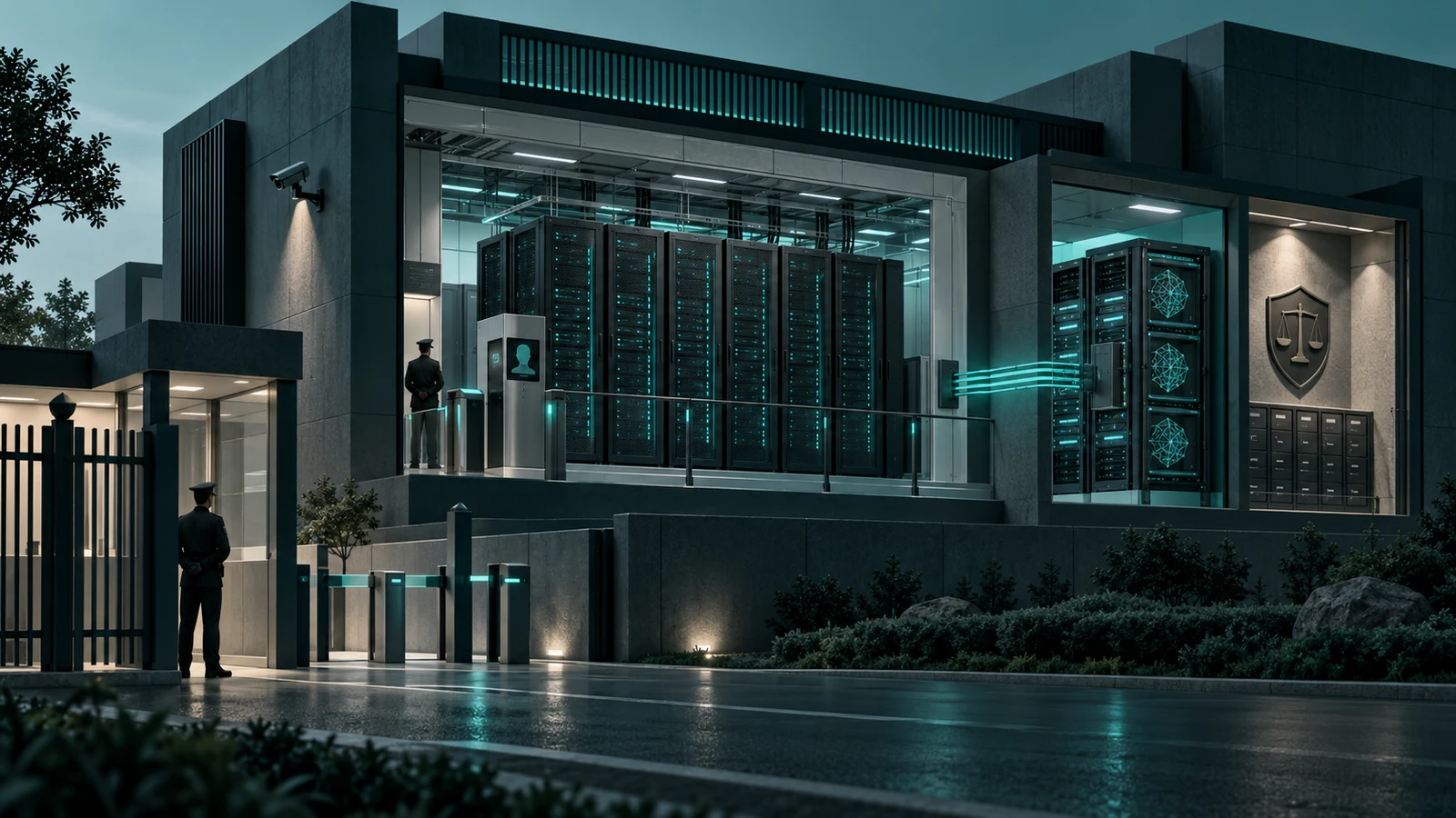 Conceptual private data center with model-serving infrastructure and access controls.