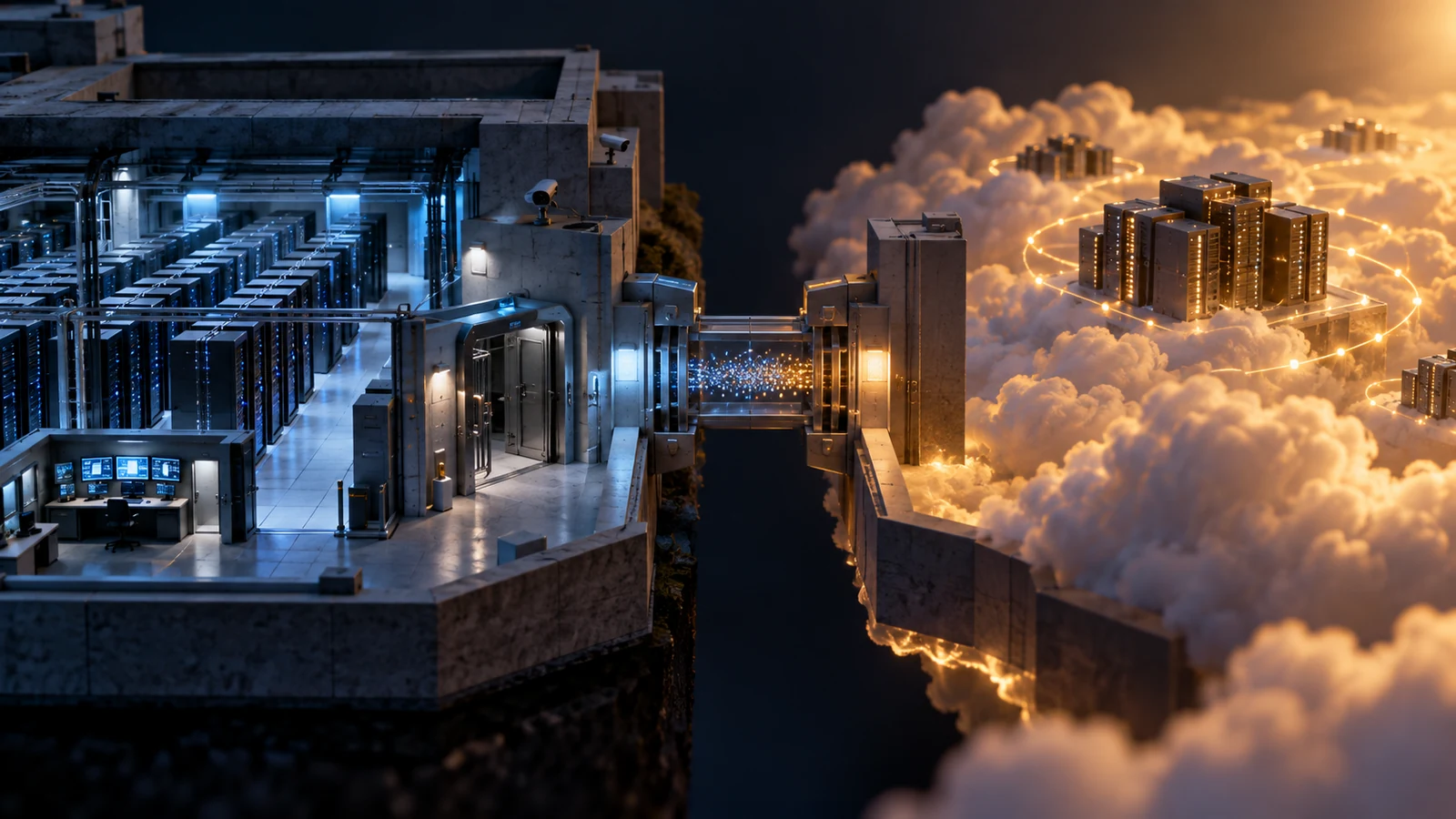 Conceptual illustration of a private server cluster connected to an external AI model service.