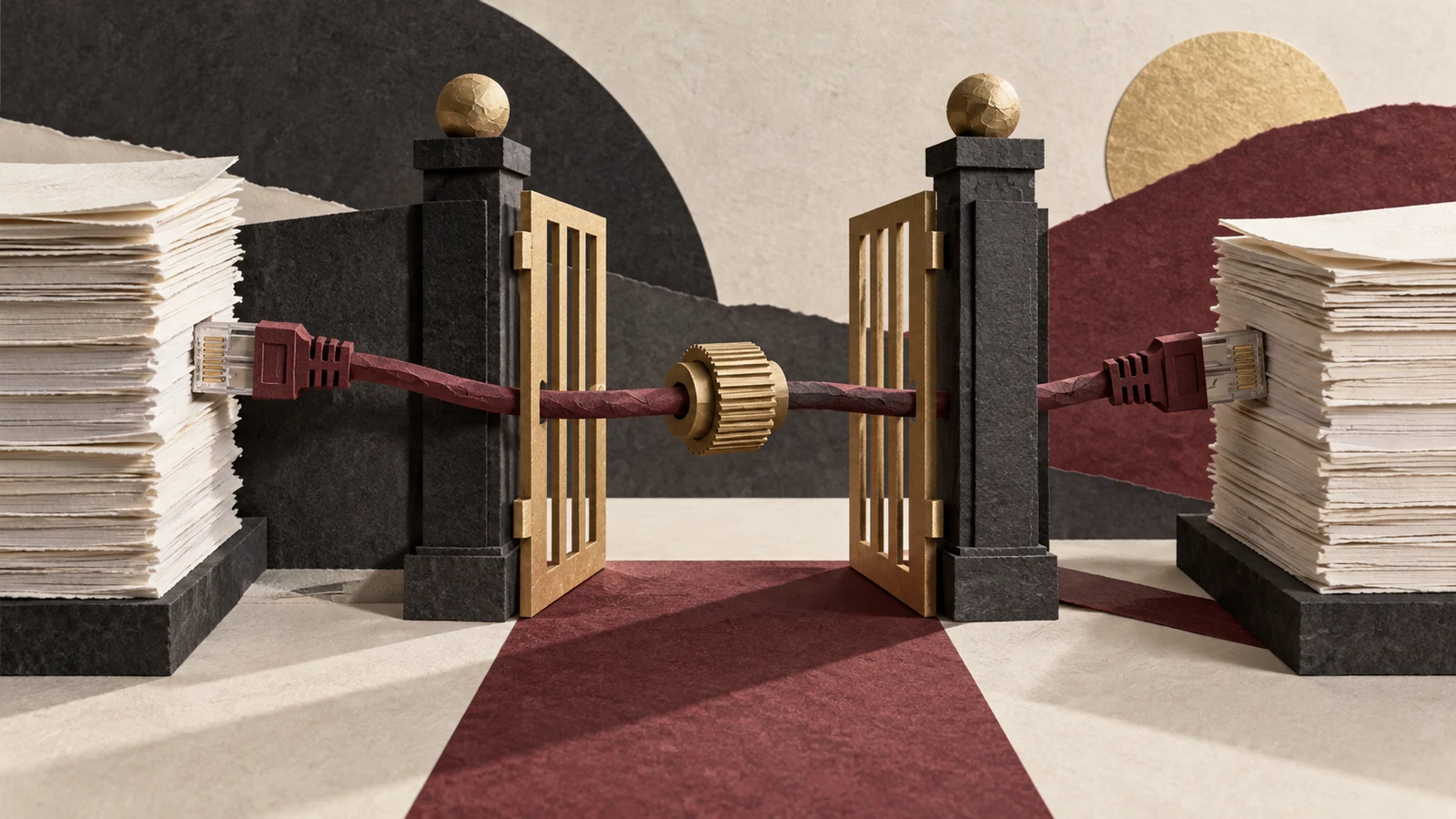 Conceptual document stacks connected by a network cable passing through an open adjustable gate