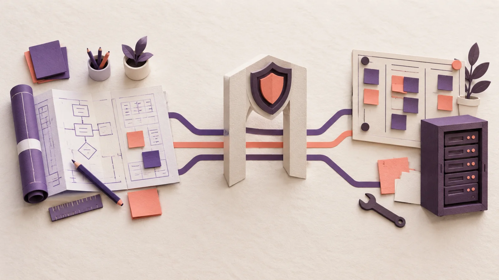 Overhead view of a paper blueprint workbench with physical paths linking a shield checkpoint, a workplace project board and a server.