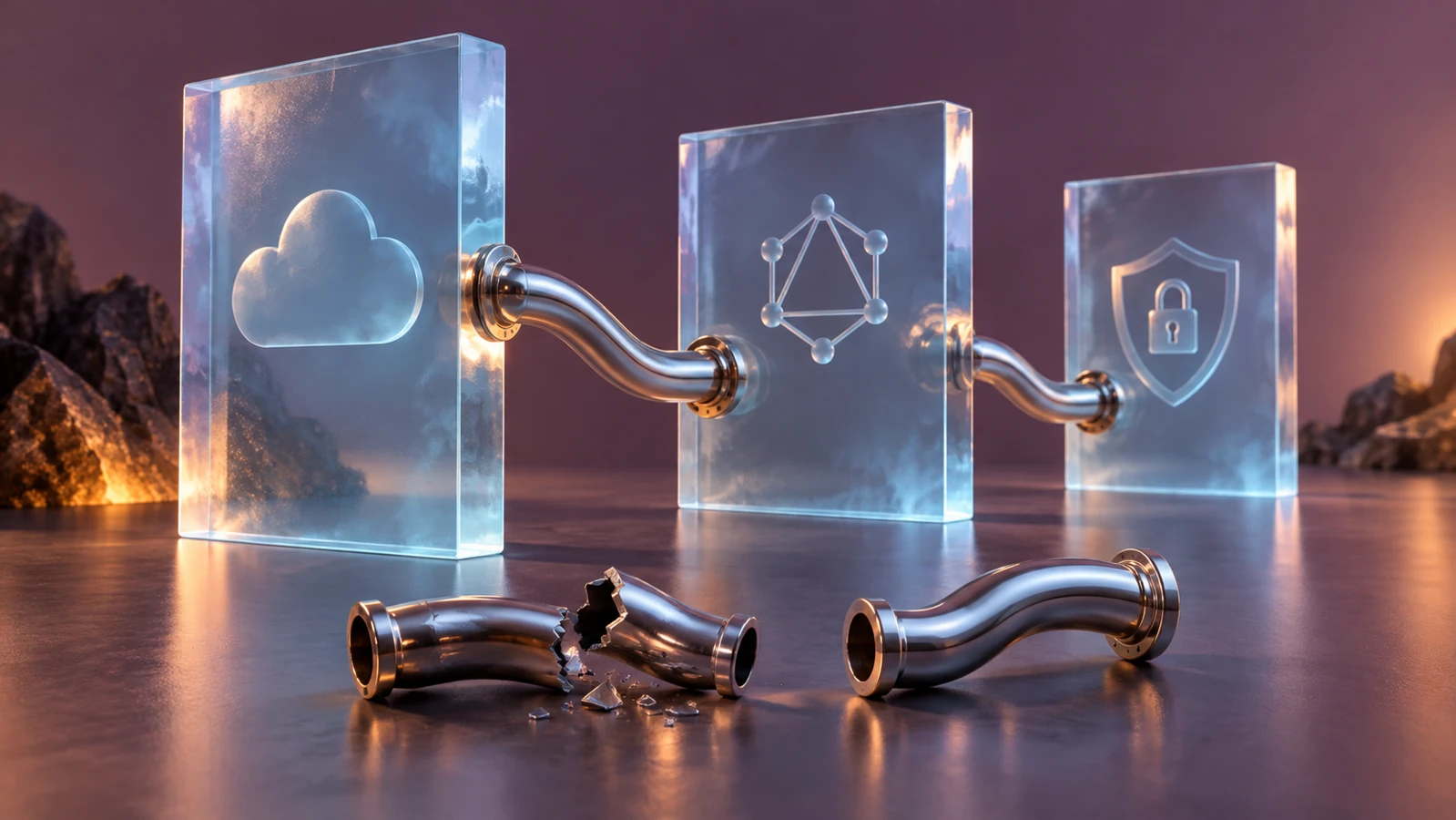 Three translucent layers connected by a repaired path, representing a dependency patch and redeployment.
