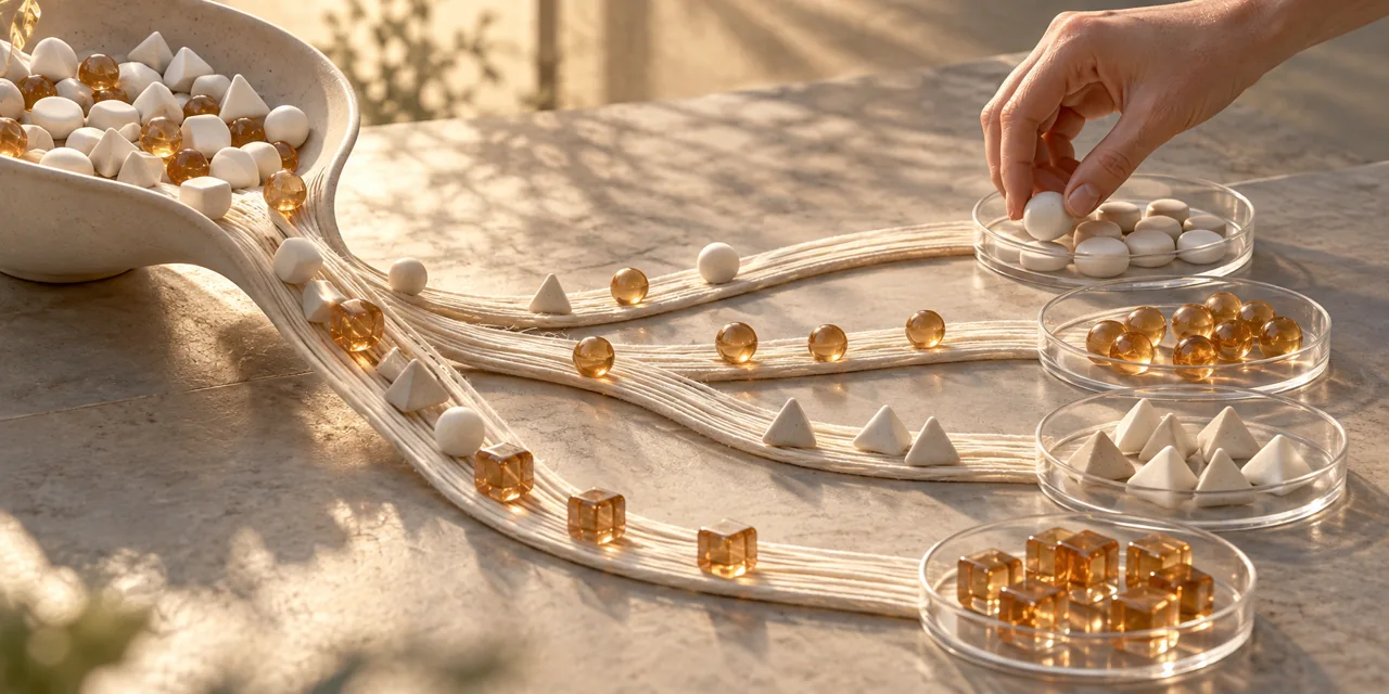 A hand sorts anonymous tokens into separate unmarked trays to represent mapping API requests to individual customers.