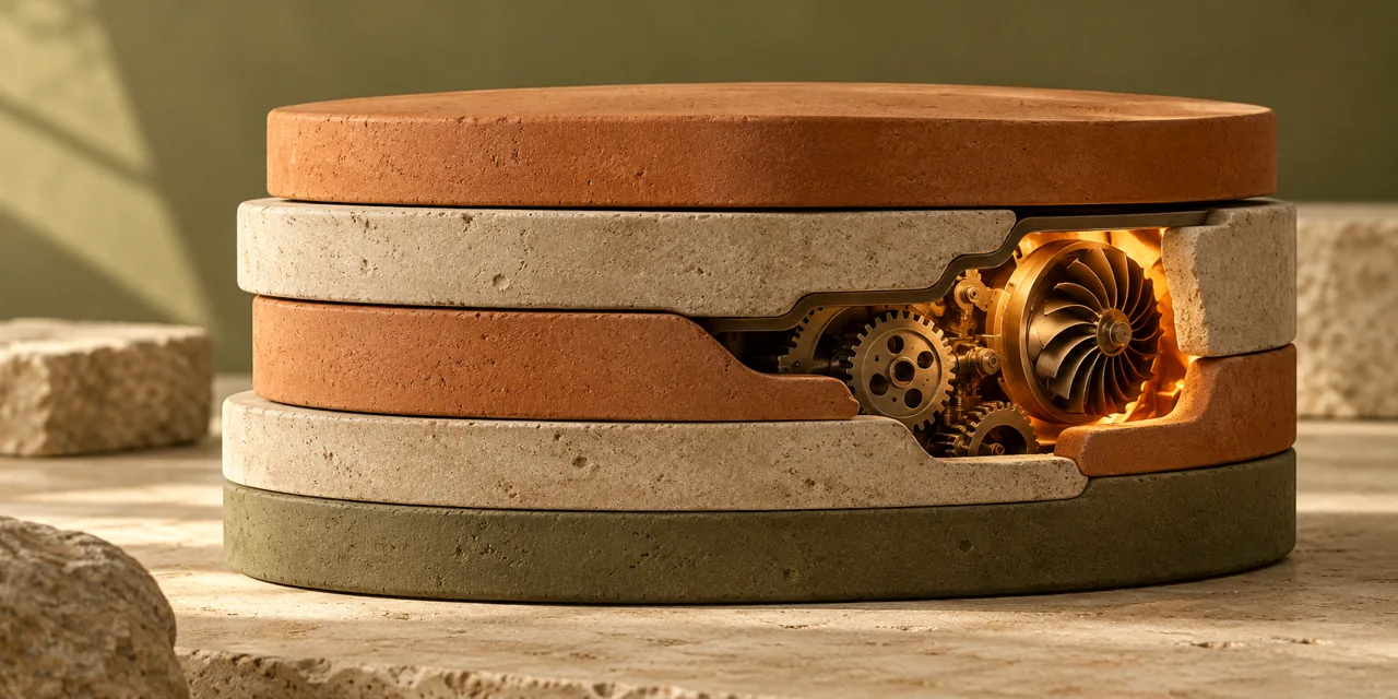 A cutaway in layered terracotta and limestone reveals metal gears and a turbine.