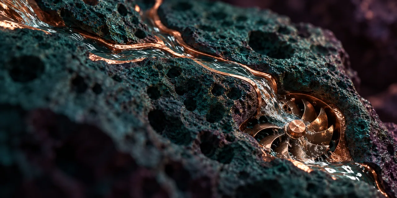 Water reaches a small turbine through a few channels in a porous stone.