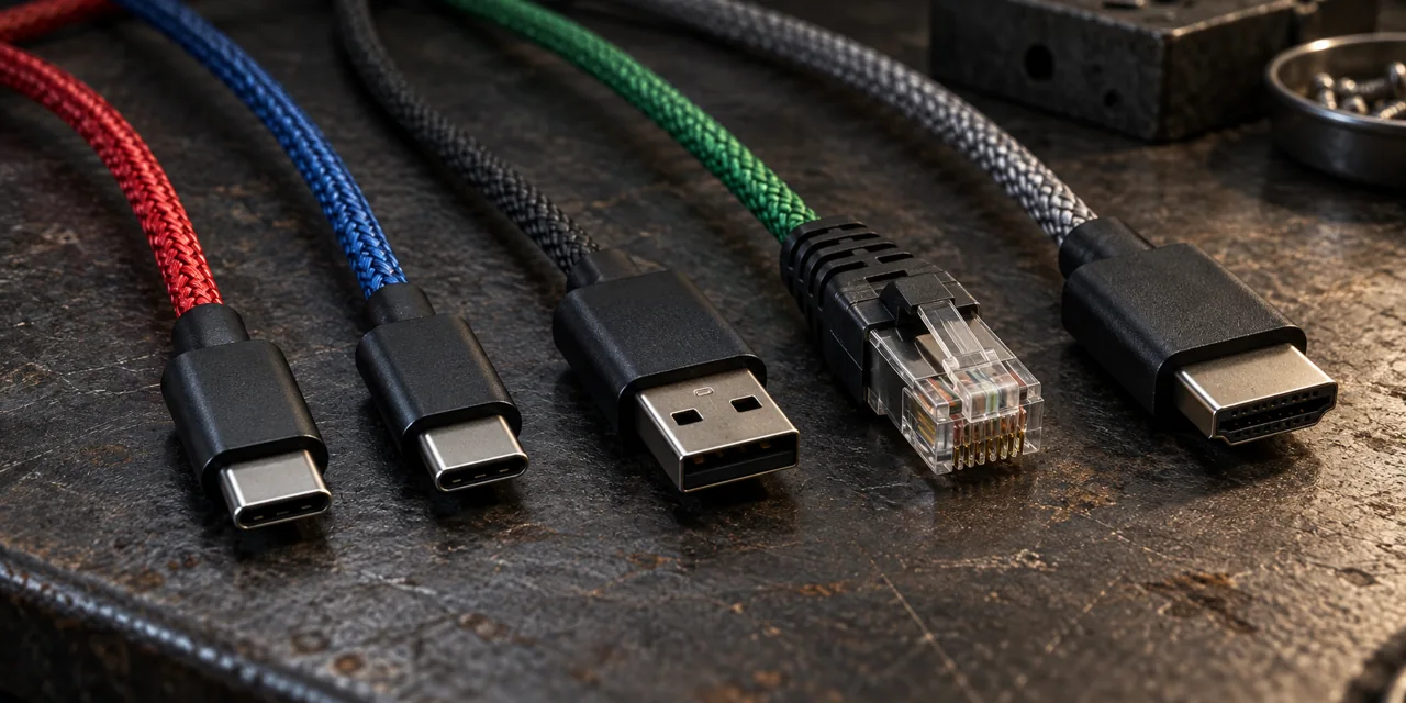 Five black connectors, including USB-C, USB-A, RJ45, and HDMI types, with red, blue, black, green, and gray braided sleeves on a dark workbench; no labels are visible.