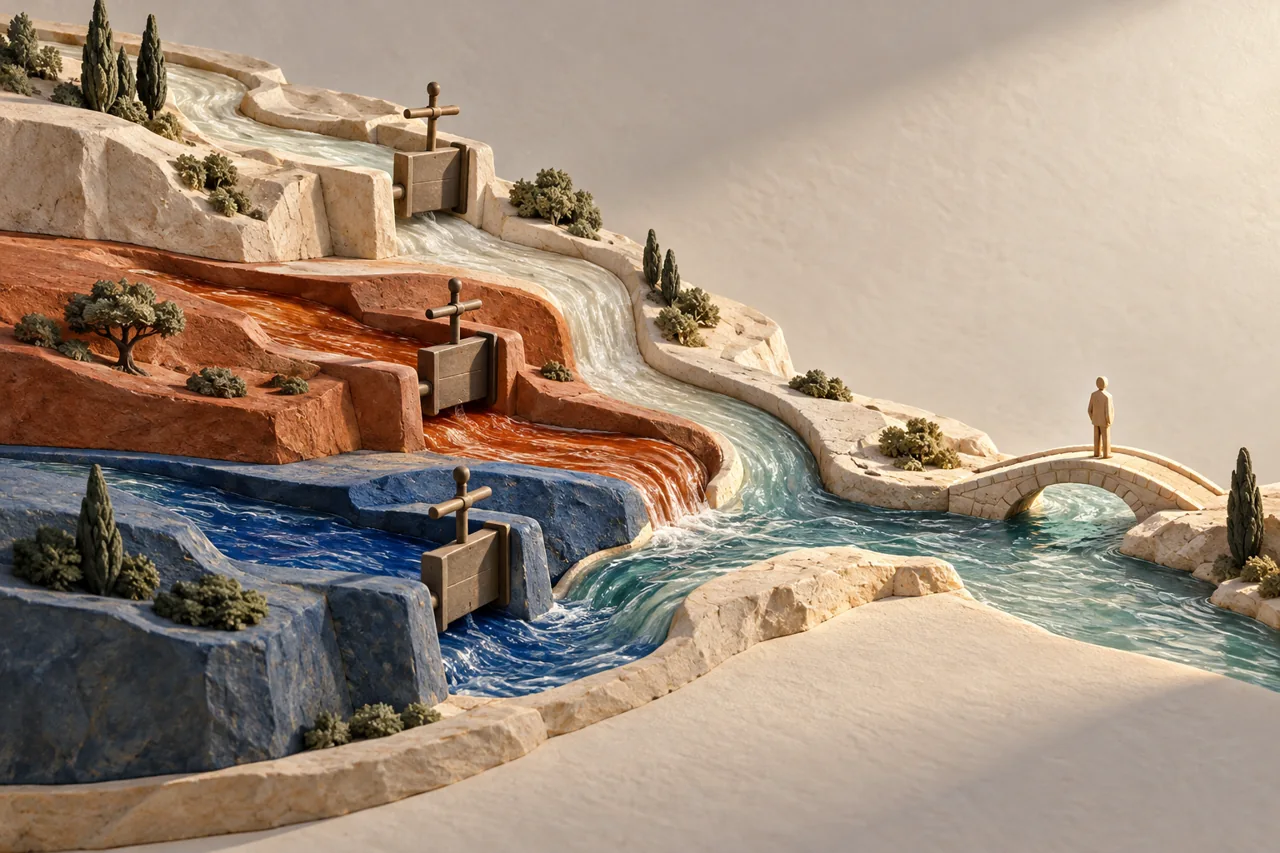 Three terraced rivers with separate sluices converge below a bridge with a small figure.
