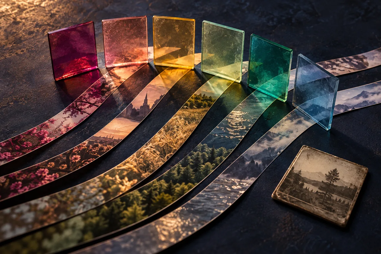 Six colored glass slides stand across separate photographic strips on a dark tabletop.