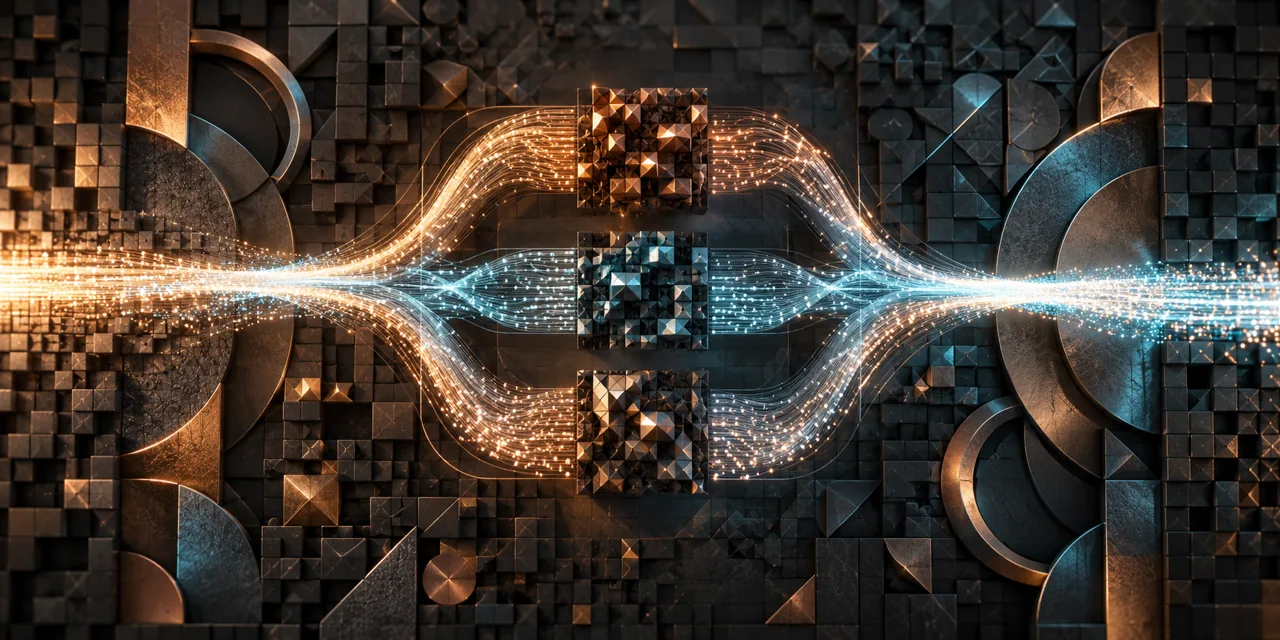 A glowing sequence stream divides across tiled computational paths and rejoins.