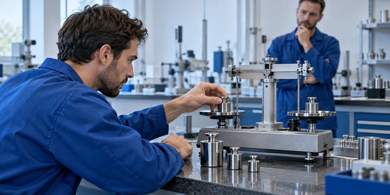 An engineer calibrates a mechanical balance against reference weights before setting a decision threshold.