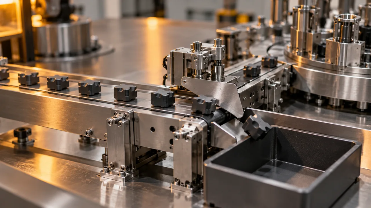 Unmarked components pass through a mechanical inspection junction, with one diverted before assembly.