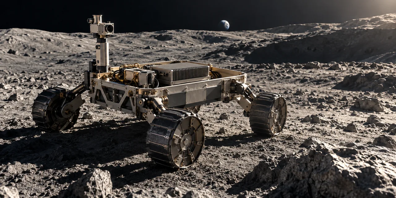 A conceptual lunar rover carries a compact computing module across the Moon’s rugged surface.