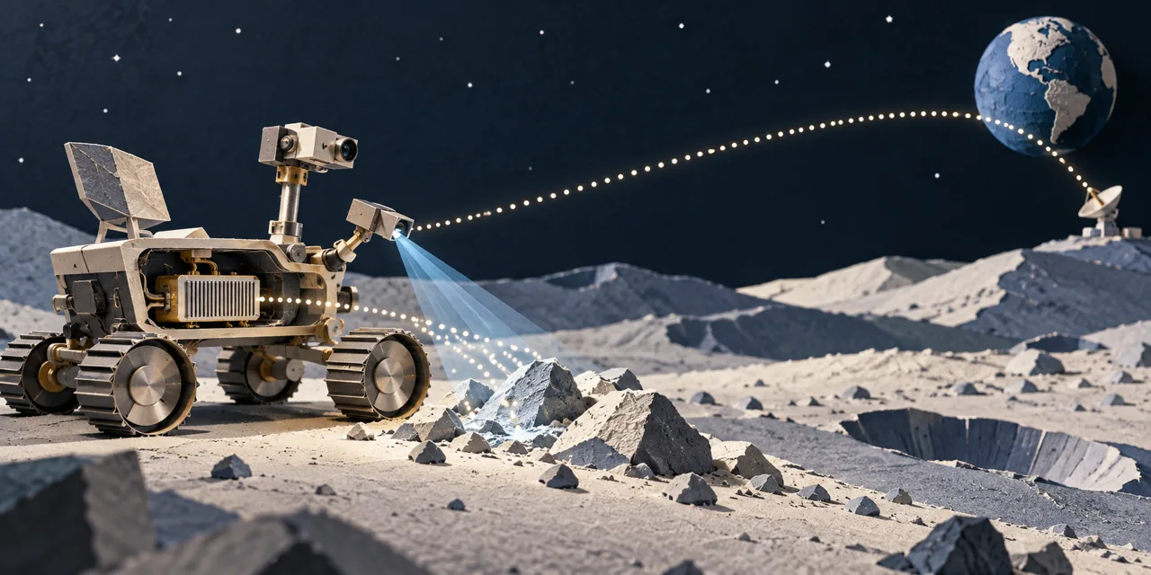 A conceptual cutaway shows a lunar rover collecting terrain data, processing it onboard, and relaying results to Earth.