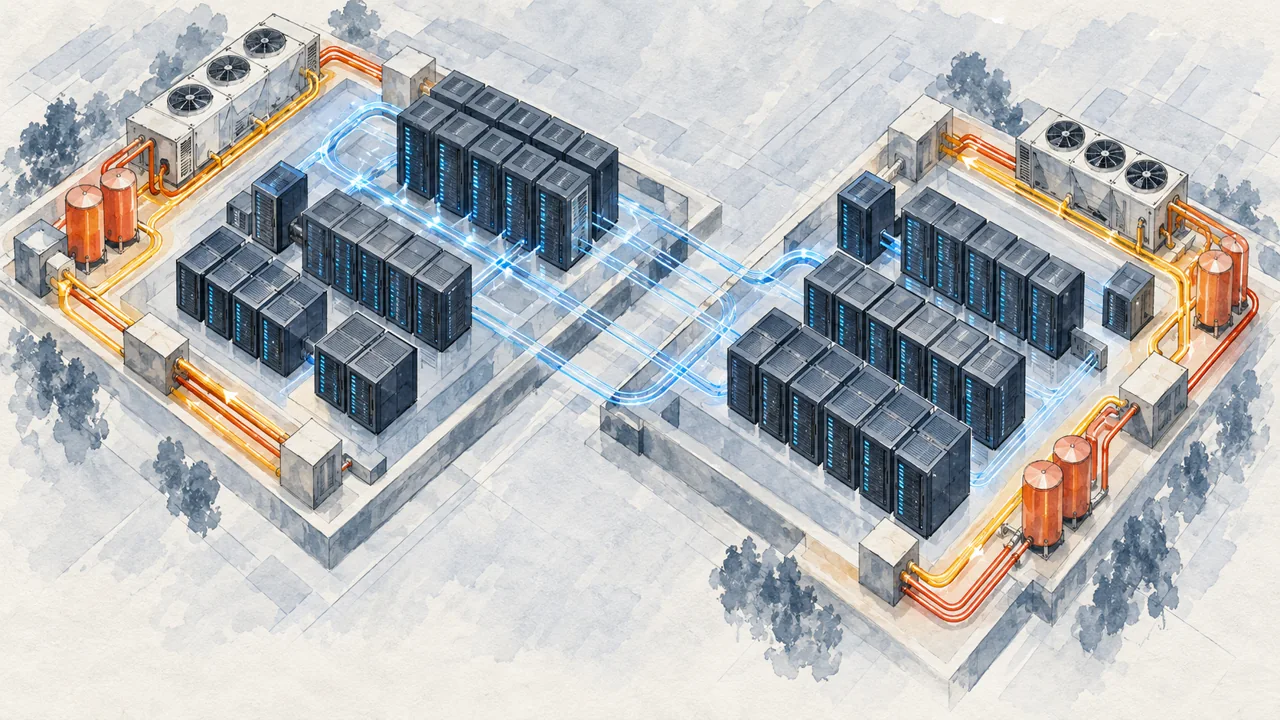 Hand-rendered clusters linked across two abstract rack zones with separate power and cooling paths.