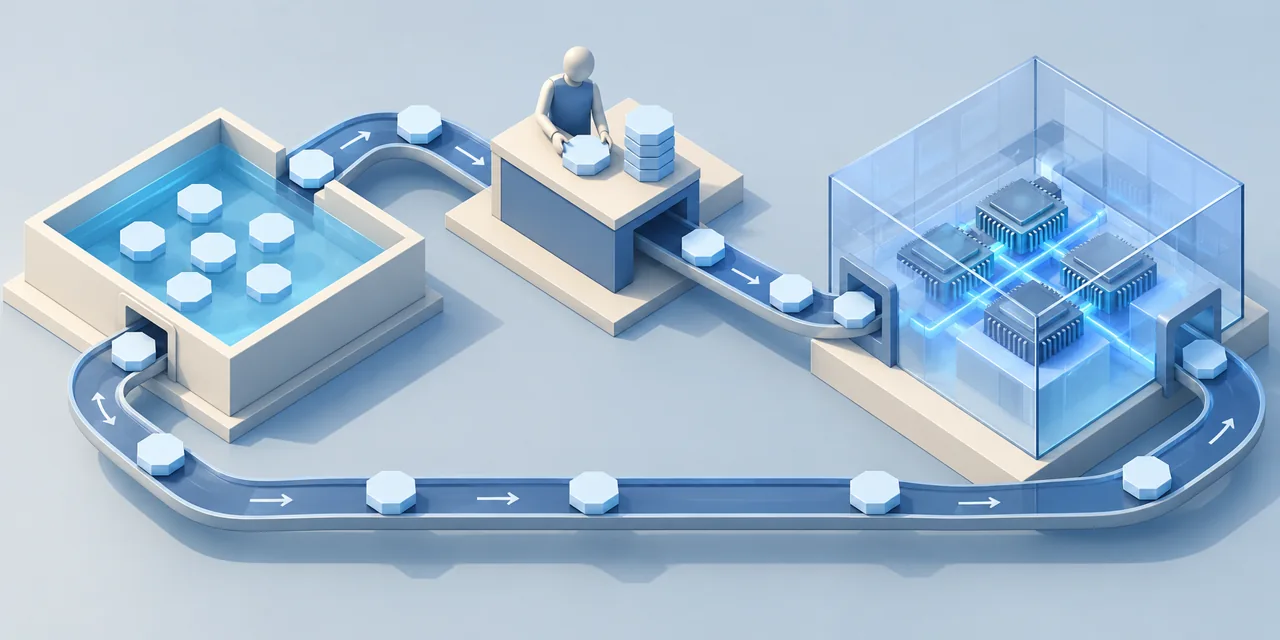 Abstract model tokens move from sampling to local scoring and a separate GPU update station.
