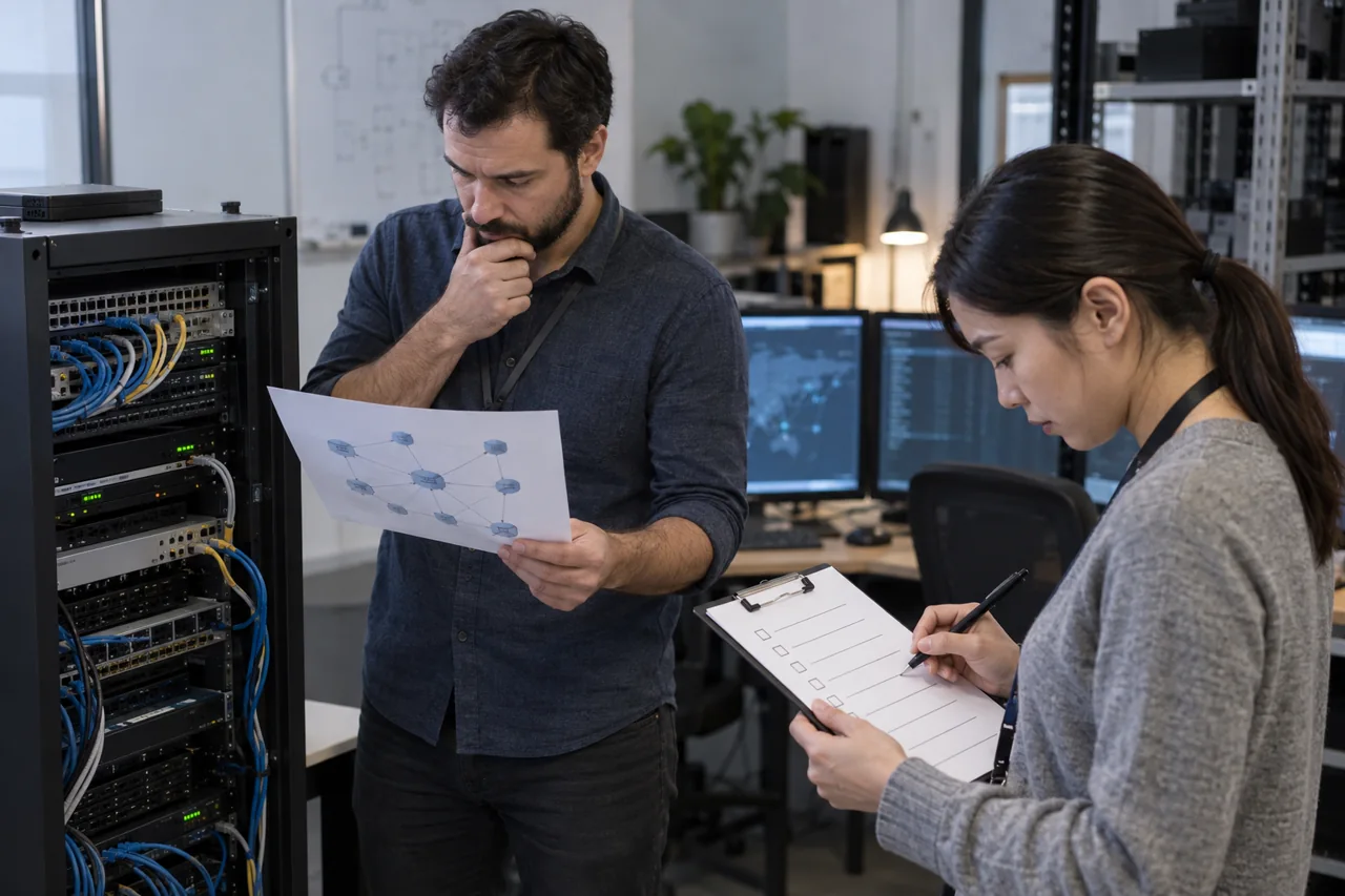 IT operations engineers review a network change plan beside server equipment.