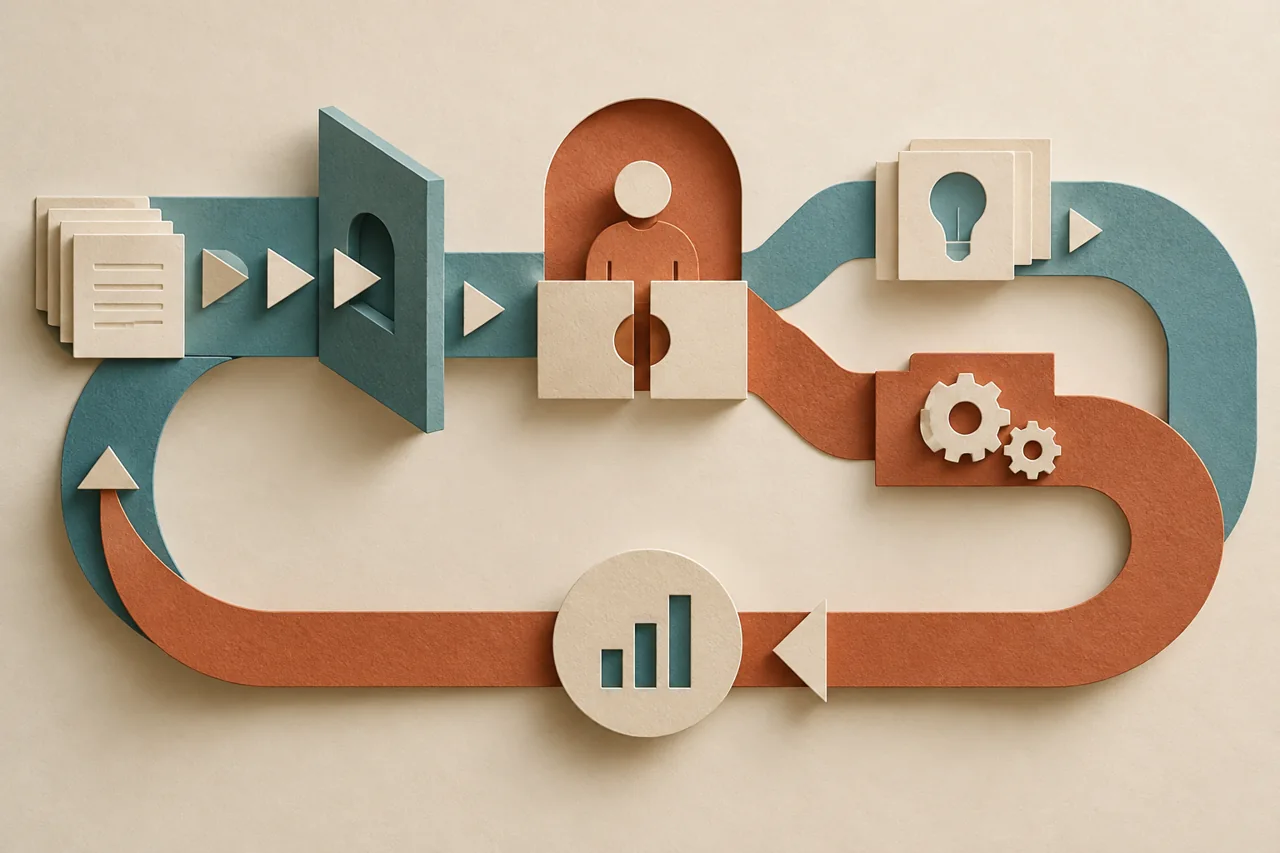 Paper-cut illustration of evidence, human approval, a controlled change, and a return path for verification.
