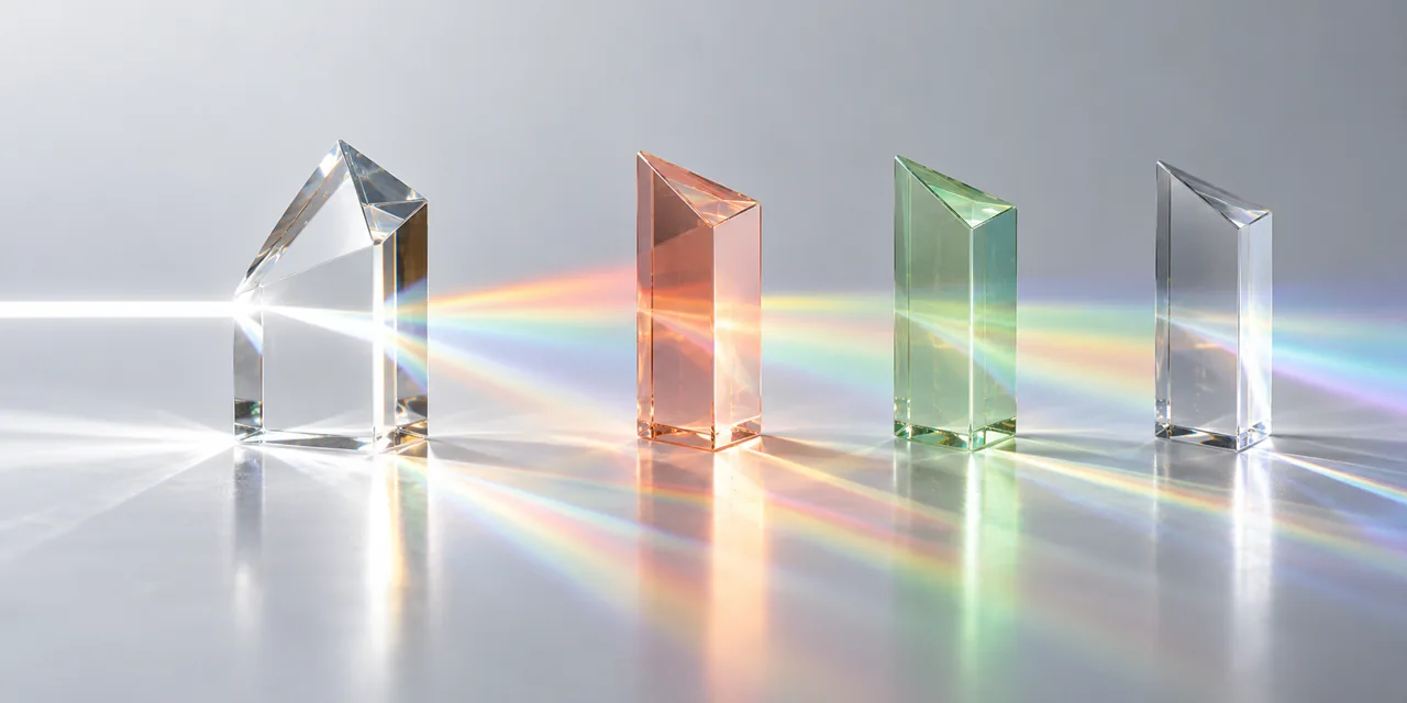 A steady beam passes through a reference crystal beside glass prisms with different refractions.