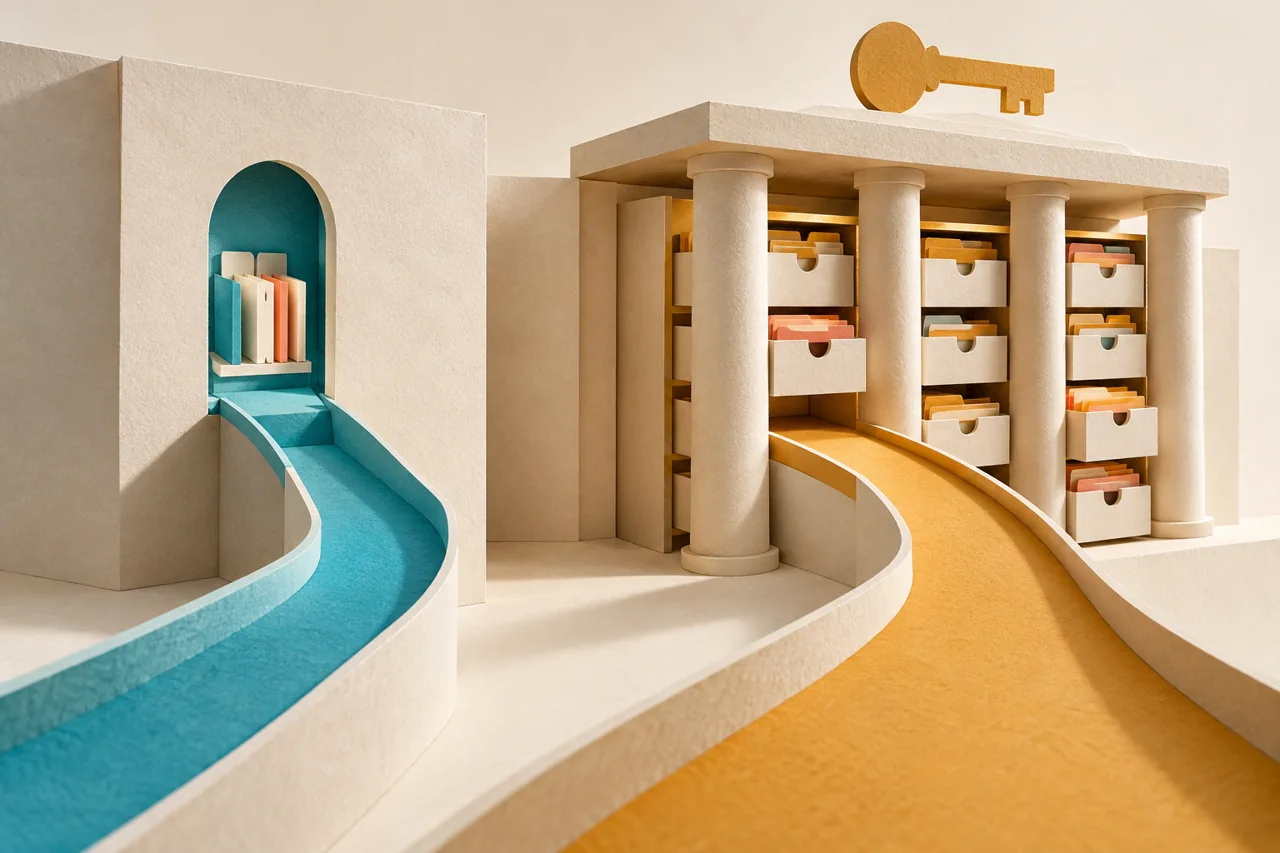 A cut-paper miniature contrasts a user-scoped path to selected employee records with a separate system-account path to data drawers.